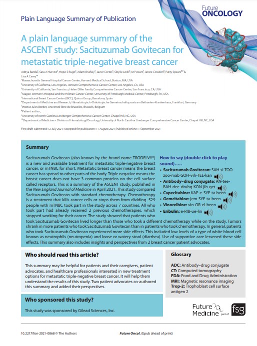 A plain language summary of the ASCENT study: Sacituzumab Govitecan for metastatic triple-negative breast cancer