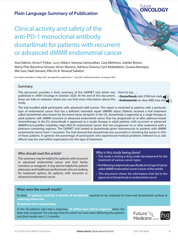 Clinical activity and safety of the anti-PD-1 monoclonal antibody dostarlimab for patients with recurrent or advanced dMMR endometrial cancer