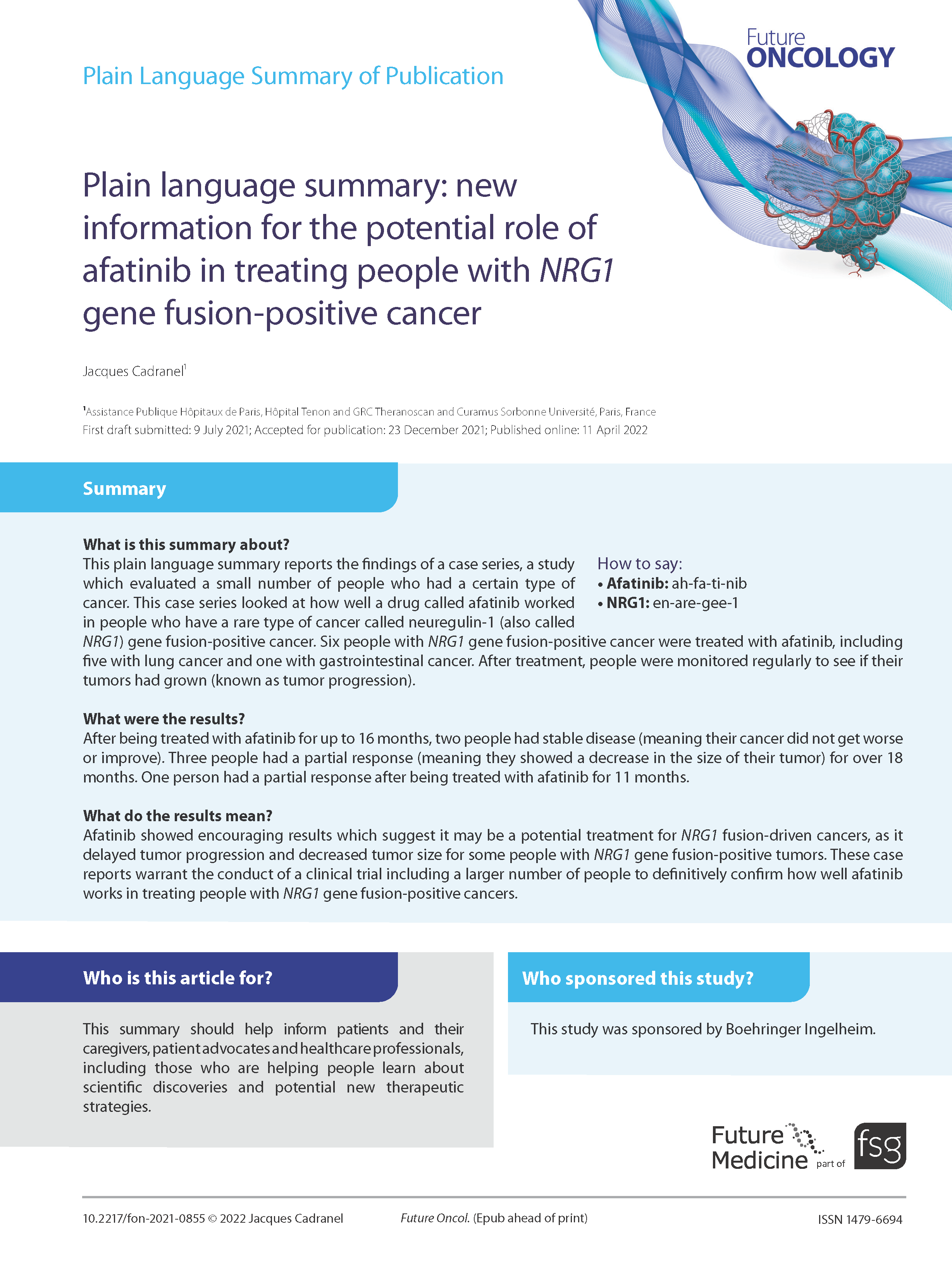 Plain language summary of publication: new information for the potential role of afatinib in treating people with NRG1 gene fusion-positive cancer