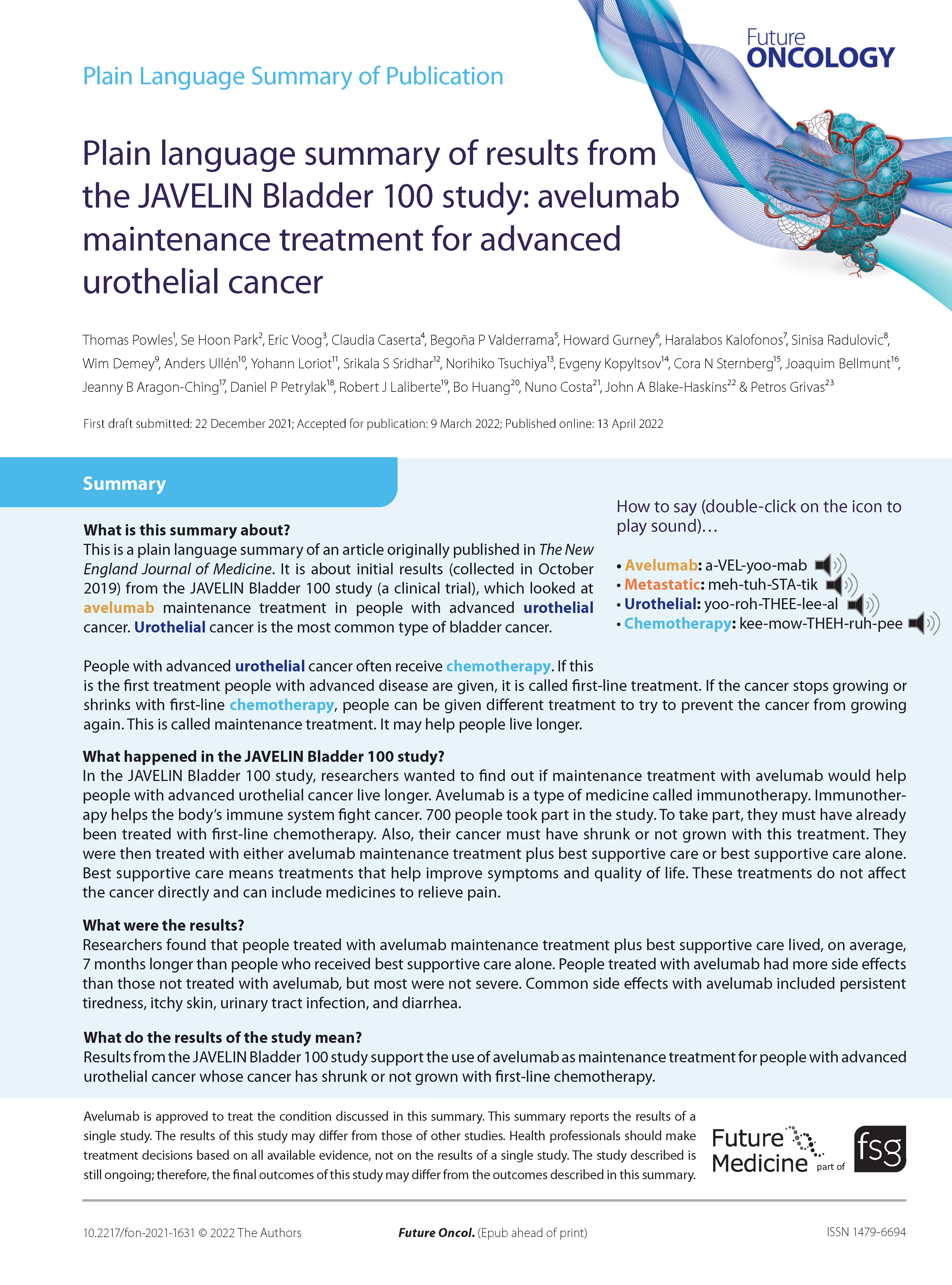 Plain language summary of results from the JAVELIN Bladder 100 study: avelumab maintenance treatment for advanced urothelial cancer