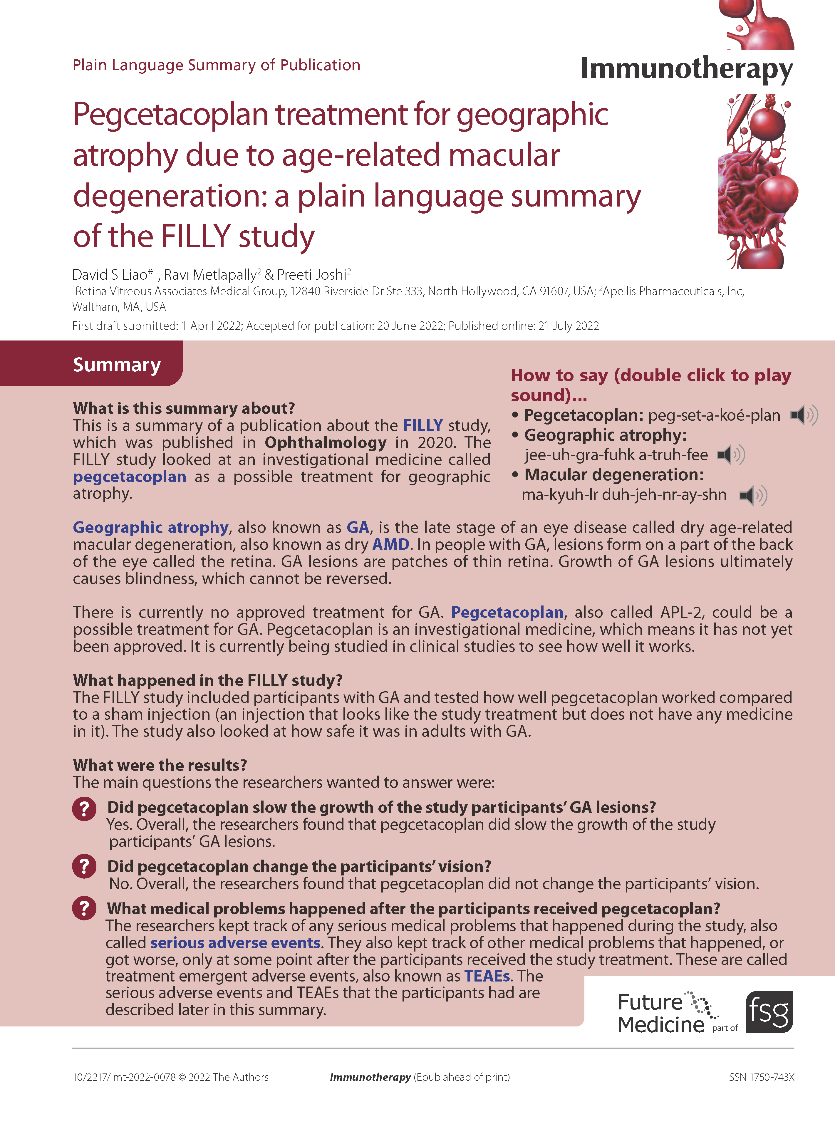 Pegcetacoplan treatment for geographic atrophy due to age-related macular degeneration: a plain language summary of the FILLY study
