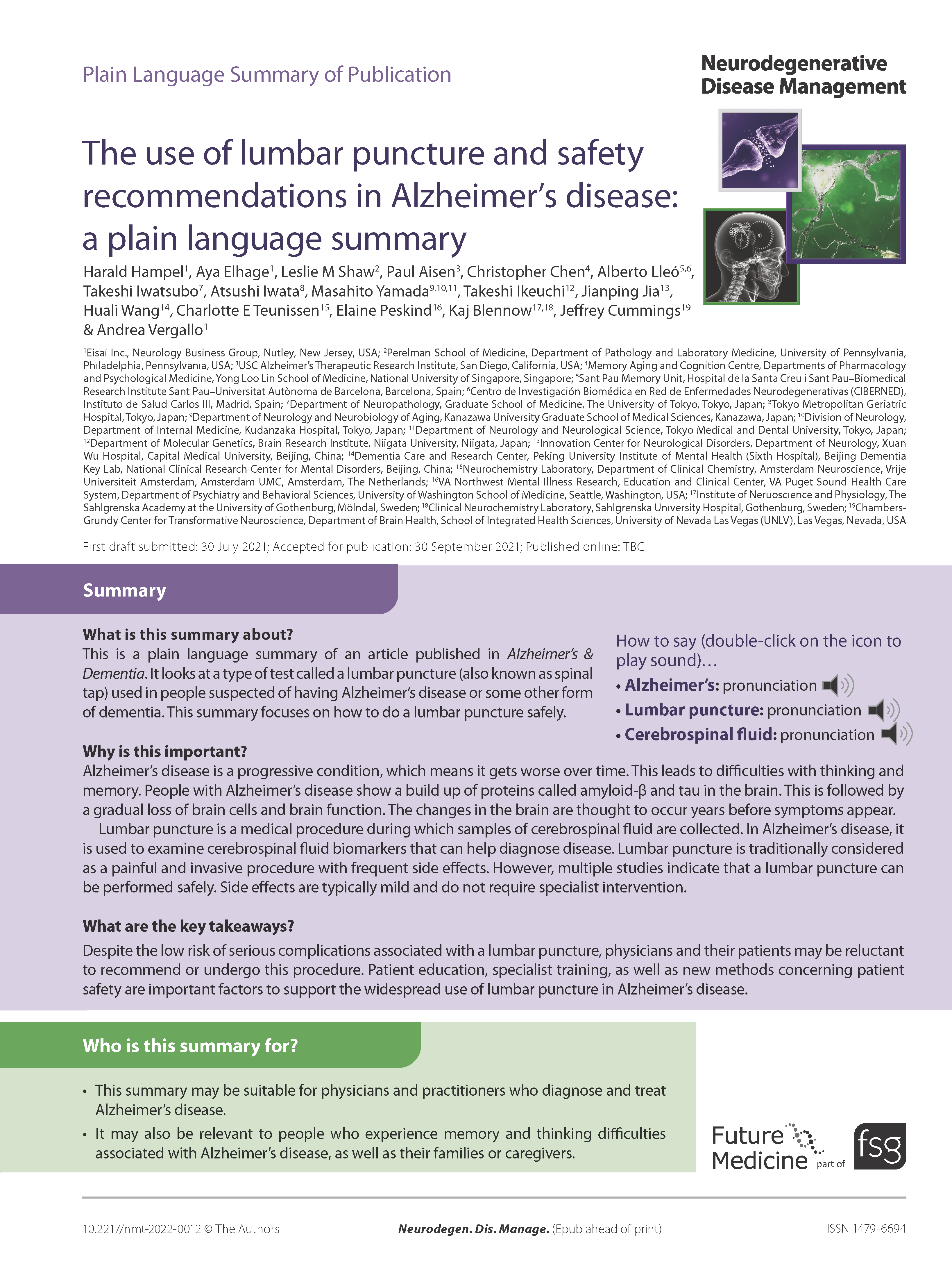 The use of lumbar puncture and safety recommendations in Alzheimer’s disease: a plain language summary