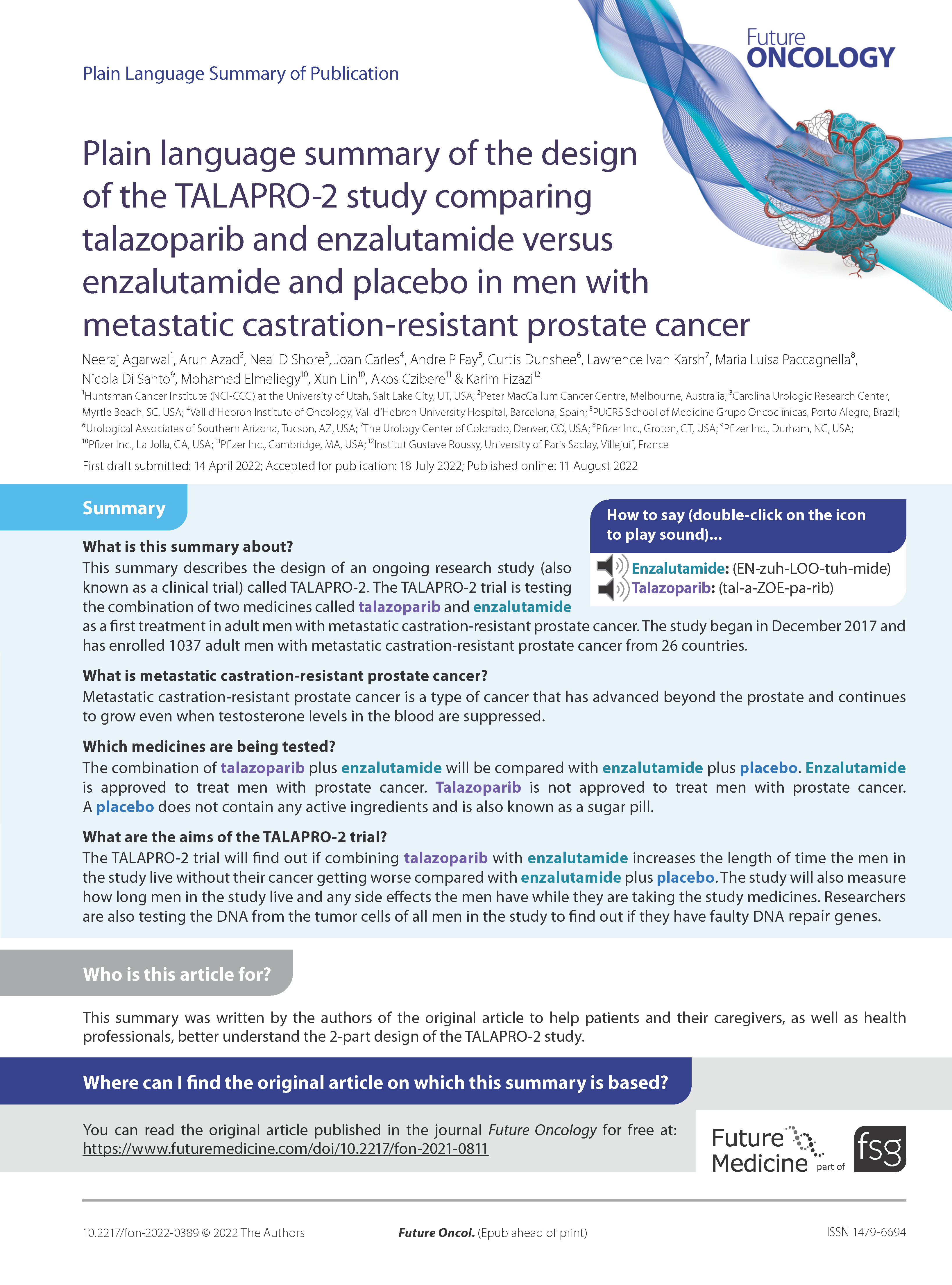 Plain language summary of the design of the TALAPRO-2 study comparing talazoparib and enzalutamide versus enzalutamide and placebo in men with metastatic castration-resistant prostate cancer