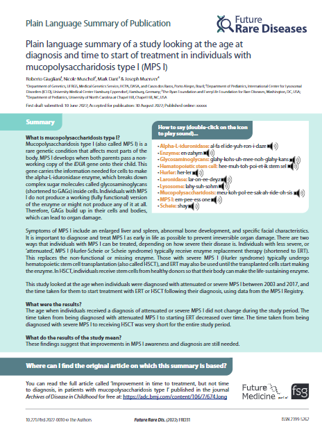 Plain language summary of a study looking at the age at diagnosis and time to start of treatment in individuals with mucopolysaccharidosis type I (MPS I)