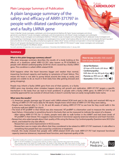 Plain Language Summary of Publication of the safety and efficacy of ARRY-371797 in people with dilated cardiomyopathy and a faulty LMNA gene