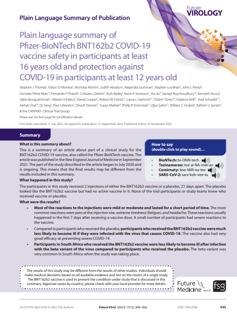 Plain language summary of Pfizer-BioNTech BNT162b2 COVID-19 vaccine safety in participants 16 years or older and protection against COVID-19 in participants 12 years or older