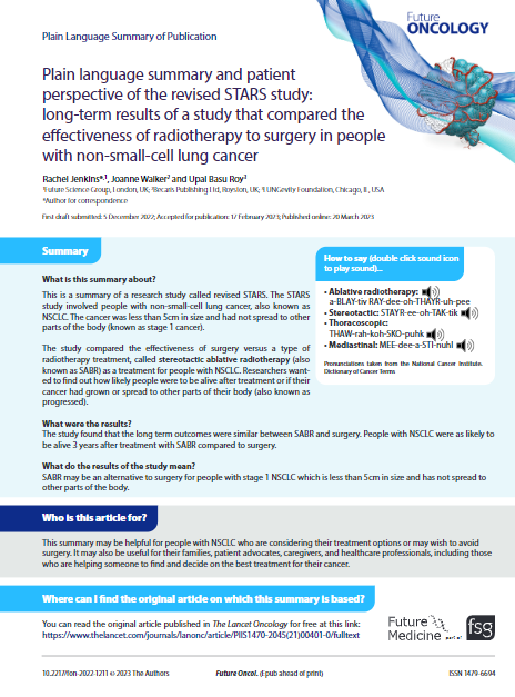 A Plain Language Summary with patient perspective’s of the revised STARS study: Long-term results of a study that compared the effectiveness of radiotherapy to surgery in people with non-small-cell lung cancer (NSCLC)