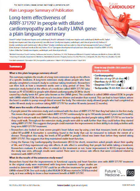 Plain Language Summary: long-term effectiveness of ARRY-371797 in people with dilated cardiomyopathy caused by a faulty LMNA gene