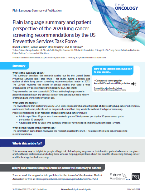 A Plain Language Summary and a patient perspective of the 2020 lung cancer screening recommendations given by the US Preventive Services Task Force