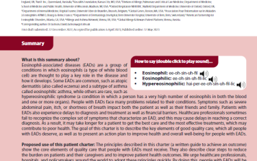 This Plain Language Summary of Publication article from Immunotherapy focusses on Eosinophil-associated diseases (EADs) which are a group of conditions in which eosinophils (a type of white blood cell) play a key role in the disease and how it develops. This summary will look at the key elements of good quality care and present an action plan to improve health and overall well-being for people with EADs.