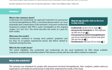 This Plain Language Summary of Publication from Future Rare Diseases describes the results from two ongoing study which looks at two approved treatments for a rare blood disease called nocturnal hemoglobinuria (PNH). The two treatments which under investigation in this study are called Eculizumab and ravulizumab. This article describes the results at 2 years for both studies.