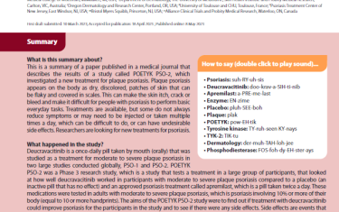 This is a summary of a paper published in a medical journal that describes the results of a study called POETYK PSO-2, which investigated a new treatment for plaque psoriasis. Plaque psoriasis appears on the body as dry, discolored, patches of skin that can be flaky and covered in scales. This can make the skin itch, crack or bleed and make it difficult for people with psoriasis to perform basic everyday tasks. Treatments are available, but some do not always reduce symptoms or may need to be injected or taken multiple times a day, which can be difficult to do, or can have undesirable side effects. Researchers are looking for new treatments for psoriasis