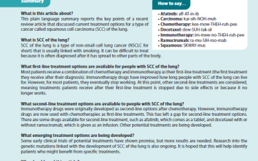 This plain language summary reports the key points of a recent review article that discussed current treatment options for a type of cancer called squamous cell carcinoma (SCC) of the lung.