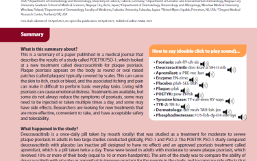 This is a summary of a paper published in a medical journal that describes the results of a study called POETYK PSO-1, which looked at a new treatment called deucravacitinib for plaque psoriasis. Plaque psoriasis appears on the body as round or oval raised patches (called plaques) typically covered by scales. This can cause the skin to itch, crack or bleed, and the associated itching and pain can make it difficult to perform basic everyday tasks. Living with psoriasis can cause emotional distress. Treatments are available, but some do not always reduce the symptoms of psoriasis, some may need to be injected or taken multiple times a day, and some may have side effects. Researchers are looking for new treatments that are more effective, convenient to take, and have acceptable safety and tolerability.