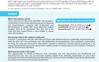 This is a summary of a clinical trial called MAIA. The trial tested 2 combinations of cancer drugs (daratumumab plus lenalidomide and dexamethasone compared with lenalidomide and dexamethasone) in people with newly diagnosed multiple myeloma. None of the participants who took part in the study had been treated before or were eligible to receive stem-cell transplants