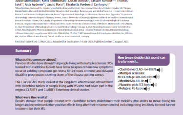Previous studies have shown that people living with multiple sclerosis (MS) treated with cladribine tablets have fewer relapses (where new symptoms occur or existing symptoms get worse for 24 hours or more) and delayed disability progression (slowing down of the disease getting worse). The CLASSIC-MS study looked at the long-term effectiveness of treatment with cladribine tablets in people living with MS who had taken part in the original CLARITY and CLARITY Extension clinical studies