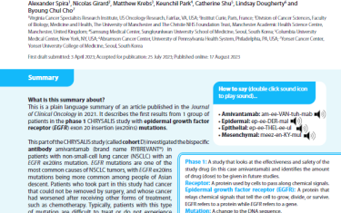 his is a plain language summary of an article published in the Journal of Clinical Oncology in 2021. It describes the first results from 1 group of patients in the phase 1 CHRYSALIS study with epidermal growth factorreceptor (EGFR) exon 20 insertion (ex20ins) mutations. This part of the CHRYSALIS study (called cohort D) investigated the bispecific antibody amivantamab (brand name RYBREVANT®) in patients with non-small-cell lung cancer (NSCLC) with an EGFR ex20ins mutation. EGFR mutations are one of the most common causes of NSCLC tumors, with EGFR ex20ins mutations being more common among people of Asian descent. Patients who took part in this study had cancer that could not be removed by surgery, and whose cancer had worsened after receiving other forms of treatment, such as chemotherapy. Typically, patients with this type of mutation are difficult to treat or do not experience treatment response with commonly used therapies that target EGFR.
