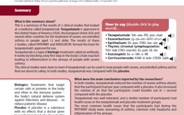 This is a summary of the results of 2 clinical studies that looked at a medicine called tezepelumab. Tezepelumab is approved in the United States of America (USA), the European Union (EU) and several other countries for the treatment of severe, uncontrolled asthma in people aged 12 and older. The results of these 2 studies, called PATHWAY and NAVIGATOR, formed the basis for tezepelumab’s approval for use. Tezepelumab is a type of biologic treatment called an antibody. It works by blocking a key first step in the body’s chain reaction leading to inflammation in the airways of people with severe asthma.The clinical studies were done to learn if tezepelumab can be used to treat people with severe, uncontrolled asthma and to find out about its safety. In both studies, tezepelumab was compared with the placebo