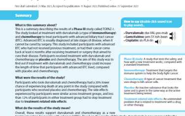 This is a summary describing the results of a Phase III study called TOPAZ-1. The study looked at treatment with durvalumab (a type of immunotherapy) and chemotherapy to treat participants with advanced biliary tract cancer (BTC). Advanced BTC is usually diagnosed at late stages of disease, when it cannot be cured by surgery. This study included participants with advanced BTC who had not received previous treatment, or had their cancer come back at least 6 months after receiving treatment or surgery that aimed to cure their disease. Participants received treatment with durvalumab and chemotherapy or placebo and chemotherapy. The aim of this study was to find out if treatment with durvalumab and chemotherapy could increase the length of time that participants with advanced BTC lived, compared with placebo and chemotherapy.