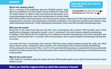 This is a summary of the publication about the DESTINY-Gastric01 study, which was published in the New England Journal of Medicine in May 2020. The study included 187 adults in Japan and South Korea with gastric cancer or gastroesophageal junction cancer that had high levels of a protein called HER2 (HER2-positive). All the participants’ cancer had spread to nearby or distant parts of the body and had worsened after receiving at least 2 previous cancer treatments or treatment combinations. The researchers wanted to know whether a drug called trastuzumab deruxtecan (T-DXd) could improve participants’ cancer more than standard chemotherapy drugs.