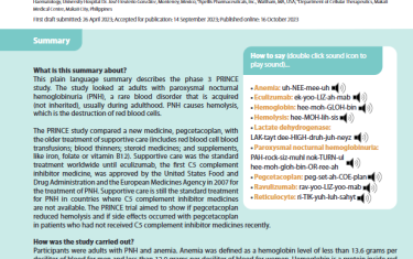 This plain language summary describes the phase 3 PRINCE study. The study looked at adults with paroxysmal nocturnal hemoglobinuria (PNH), a rare blood disorder that is acquired (not inherited), usually during adulthood. PNH causes hemolysis, which is the destruction of red blood cells.