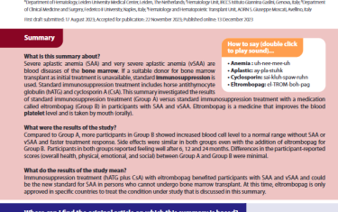 Severe aplastic anemia (SAA) and very severe aplastic anemia (vSAA) are blood diseases of the bone marrow. If a suitable donor for bone marrow transplant as initial treatment is unavailable, standard immunosuppression is used. Standard immunosuppression treatment includes horse antithymocyte globulin (hATG) and cyclosporin A (CsA). This summary investigated the results of standard immunosuppression treatment (Group A) versus standard immunosuppression treatment with a medication called eltrombopag (Group B) in participants with SAA and vSAA. Eltrombopag is a medicine that improves the blood platelet level and is taken by mouth (orally).