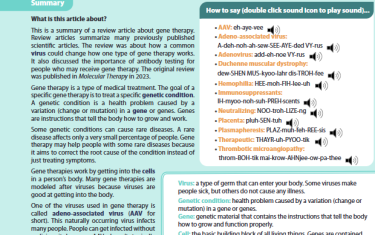 his is a summary of a review article about gene therapy. Review articles summarize many previously published scientific articles. The review was about how a common virus could change how one type of gene therapy works. It also discussed the importance of antibody testing for people who may receive gene therapy. The original review was published in Molecular Therapy in 2023