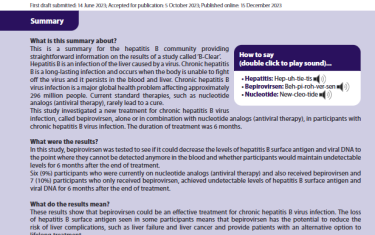 This is a summary for the hepatitis B community providing straightforward information on the results of a study called ‘B-Clear’. Hepatitis B is an infection of the liver caused by a virus. Chronic hepatitis B is a long-lasting infection and occurs when the body is unable to fight off the virus and it persists in the blood and liver. Chronic hepatitis B virus infection is a major global health problem affecting approximately 296 million people. Current standard therapies, such as nucleotide analogs (antiviral therapy), rarely lead to a cure. This study investigated a new treatment for chronic hepatitis B virus infection, called bepirovirsen, alone or in combination with nucleotide analogs (antiviral therapy), in participants with chronic hepatitis B virus infection. The duration of treatment was 6 months.