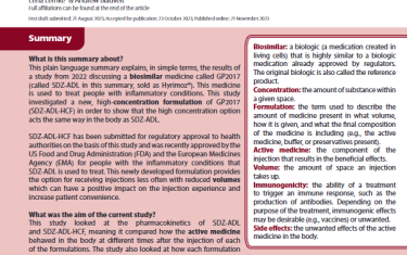 This plain language summary explains, in simple terms, the results of a study from 2022 discussing a biosimilar medicine called GP2017 (called SDZ-ADL in this summary, sold as Hyrimoz®). This medicine is used to treat people with inflammatory conditions. This study investigated a new, high-concentration formulation of GP2017 (SDZ-ADL-HCF) in order to show that the high concentration option acts the same way in the body as SDZ-ADL
