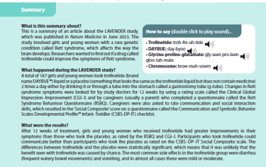 This is a summary of an article about the LAVENDER study, which was published in Nature Medicine in June 2023. The study involved girls and young women with a rare genetic condition called Rett syndrome, which affects the way the brain develops. Researchers wanted to find out if a drug called trofinetide could improve the symptoms of Rett syndrome.