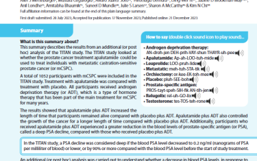 This summary describes the results from an additional (or post hoc) analysis of the TITAN study. The TITAN study looked at whether the prostate cancer treatment apalutamide could be used to treat individuals with metastatic castration-sensitive prostate cancer (or mCSPC).