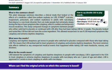 This plain language summary describes a clinical study that looked at the effects of a medicine called low-sodium oxybate (or LXB; XYWAV® [calcium, magnesium, potassium, and sodium oxybates]) in adults with narcolepsy. Narcolepsy is a rare brain disorder that can make people feel extremely sleepy during the day or have symptoms like cataplexy, which is sudden and temporary muscle weakness. This study compared changes in symptoms between people who either switched to placebo or continued with LXB after they had been taking LXB for 14 weeks. The placebo looked and tasted like LXB but did not have the active ingredient. This allowed researchers to see if LXB improved symptoms like cataplexy and extreme daytime sleepiness