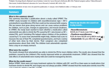 This summary describes a publication about a study called SPRINT. The SPRINT study included 50 children with neurofibromatosis type 1 (NF1) and plexiform neurofibroma (PN) that could not be removed with surgery. PNs are tumors that grow along nerves and can cause various problems for children, such as pain, changes to appearance, and muscle weakness. In SPRINT, the study team wanted to learn whether a medication called selumetinib was able to shrink the PN caused by NF1 (also known as NF1-related PN), and if shrinking PNs helped relieve children of the problems caused by it. To assess how selumetinib might help, children had scans to measure the size of their PN, completed questionnaires, and had a variety of other tests done by their doctor. Their caregivers also completed questionnaires about their child. The children took selumetinib capsules twice a day on an empty stomach.