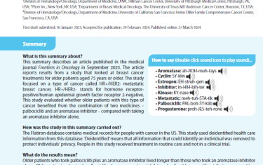 This summary describes an article published in the medical journal Frontiers in Oncology in September 2023. The article reports results from a study that looked at breast cancer treatments for older patients aged 75 years or older. The study focused on a type of cancer called HR+/HER2- metastatic breast cancer. HR+/HER2- stands for hormone receptor-positive/human epidermal growth factor receptor 2-negative. This study evaluated whether older patients with this type of cancer benefited from the combination of two medicines – palbociclib and an aromatase inhibitor – compared with taking an aromatase inhibitor alone.