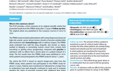 This PLSP provides a short summary of an original scientific article that presented results from the PRIMA study after 3.5 years of follow-up time. The original article was published in the European Journal of Cancer in 2023. The PRIMA study included adult patients with newly diagnosed advanced high-risk ovarian cancer whose tumors shrunk or became undetectable after treatment with chemotherapy with or without surgery. The PRIMA study evaluated how well the drug niraparib, also known as Zejula, worked at delaying or preventing ovarian cancer from coming back (recurring) or getting worse (progressing) compared with placebo (a substance with no effects that a doctor gives to a patient instead of a drug). The first results from the PRIMA study were published in 2019, when patients had participated in the PRIMA study for about 1.2 years.The article this PLSP is based on reports longer-term data from the PRIMA study, when patients had participated in the PRIMA study for about 3.5 years. Patients were monitored (or followed) for a longer time to understand how well niraparib continued to work and to evaluate whether the safety of niraparib changed with additional time being monitored