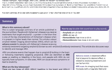 This is a plain language summary of an article published inthe journal Brain. People with Alzheimer’s disease may receivetreatments that target amyloid-β – a protein in the brain thatis one of the key characteristics of Alzheimer’s disease whenit is present in higher levels than normal. This article is aboutamyloid-related imaging abnormalities (ARIA), which can beadverse events for people with Alzheimer’s disease receivingantibody treatments targeting amyloid-β (known as anti–amyloid-β antibody treatments). This article also discusses waysto identify and manage ARIA.
