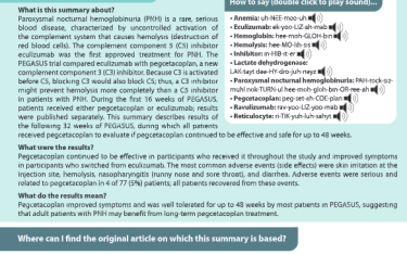 Paroxysmal nocturnal hemoglobinuria (PNH) is a rare, seriousblood disease, characterized by uncontrolled activation ofthe complement system that causes hemolysis (destruction ofred blood cells). The complement component 5 (C5) inhibitoreculizumab was the first approved treatment for PNH. ThePEGASUS trial compared eculizumab with pegcetacoplan, a newcomplement component 3 (C3) inhibitor. Because C3 is activatedbefore C5, blocking C3 would also block C5; thus, a C3 inhibitormight prevent hemolysis more completely than a C5 inhibitorin patients with PNH. During the first 16 weeks of PEGASUS,patients received either pegcetacoplan or eculizumab; resultswere published separately. This summary describes results ofthe following 32 weeks of PEGASUS, during which all patientsreceived pegcetacoplan to evaluate if pegcetacoplan continued to be effective and safe for up to 48 weeks