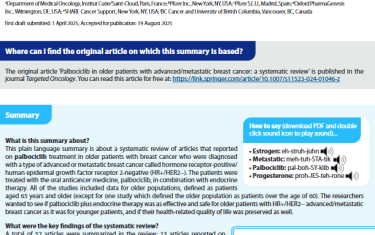 Screenshot of a summary article on palbociclib treatment for advanced/metastatic breast cancer in older patients, with key findings, how-to guide for downloading, and publication details.